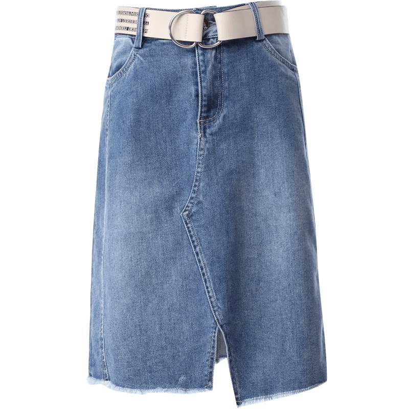 欧昵雪夏季高腰不规则开叉牛仔半身裙女显瘦毛边包臀中裙