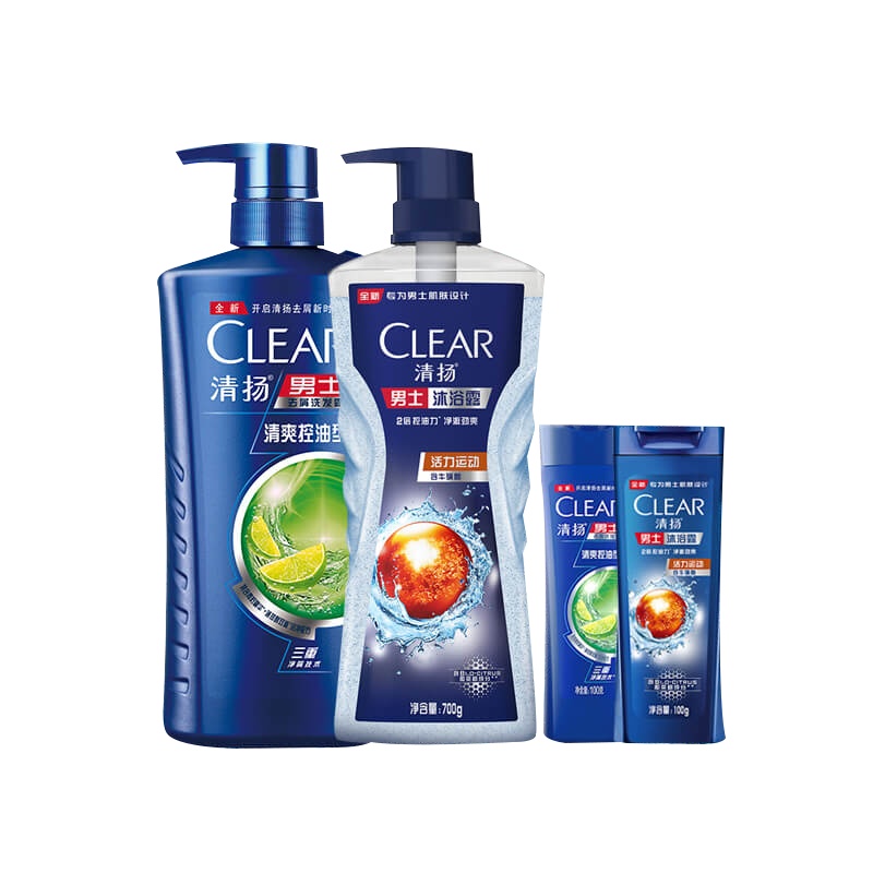 清扬(CLEAR)男士活力运动沐浴露+清爽控油洗发液发水组套(700G+720G+100Gx2)套装[联合利华]