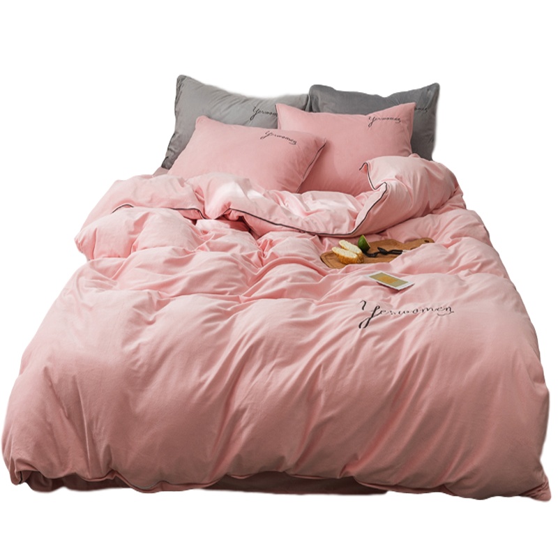 绘窝(HuiWo)家纺 冬季加厚ins网红款双面宽边水晶绒四件套 纯色法兰绒被套刺绣/绣花/简约风床上用品套件