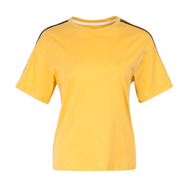 晚白2019夏季新品百搭休闲减龄全棉圆领短袖亮丝条纹上衣T恤衫女