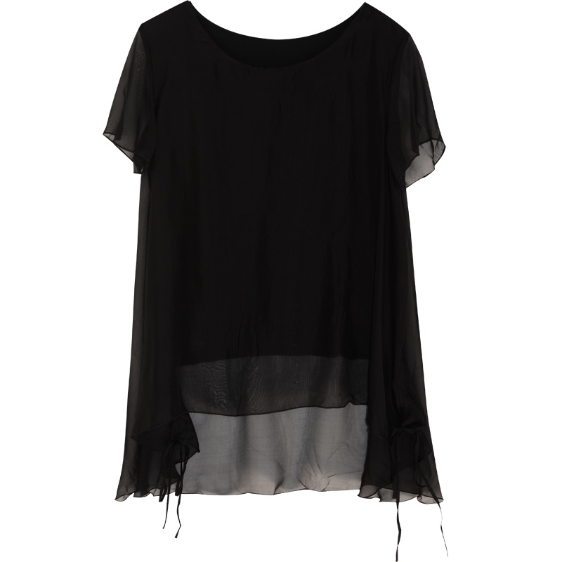 金菊2020夏季圆领优雅飘逸桑蚕丝上衣中长款宽松纯色真丝T恤女