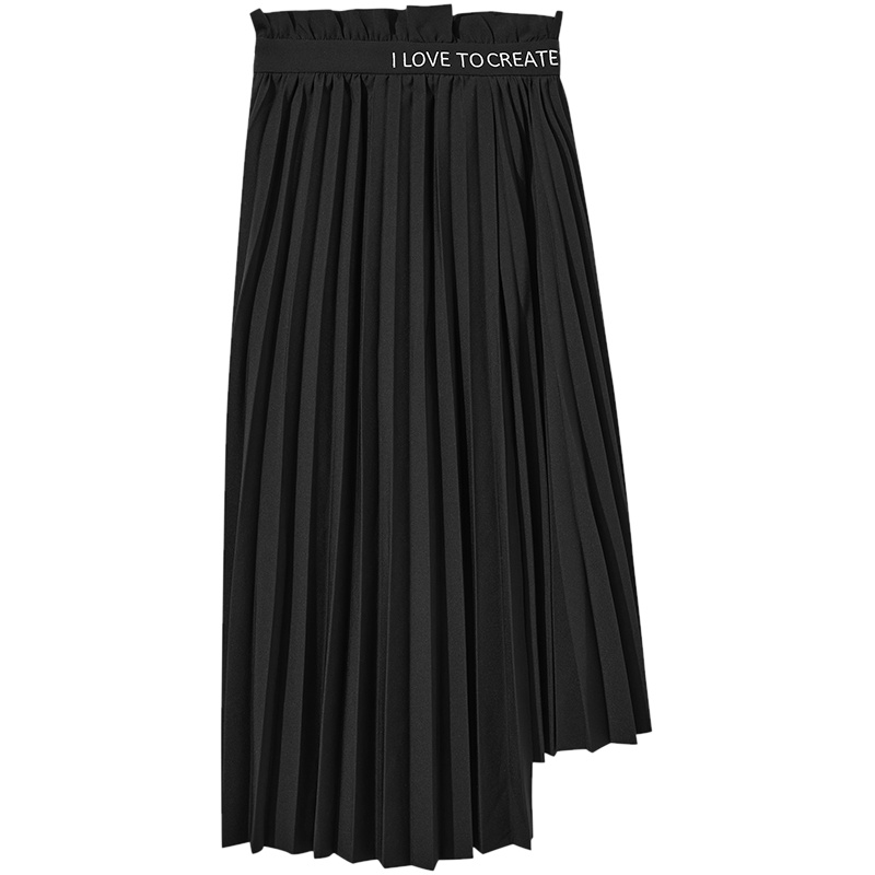 三彩2020秋季新款花苞高腰字母绣花百褶裙不对称半身裙