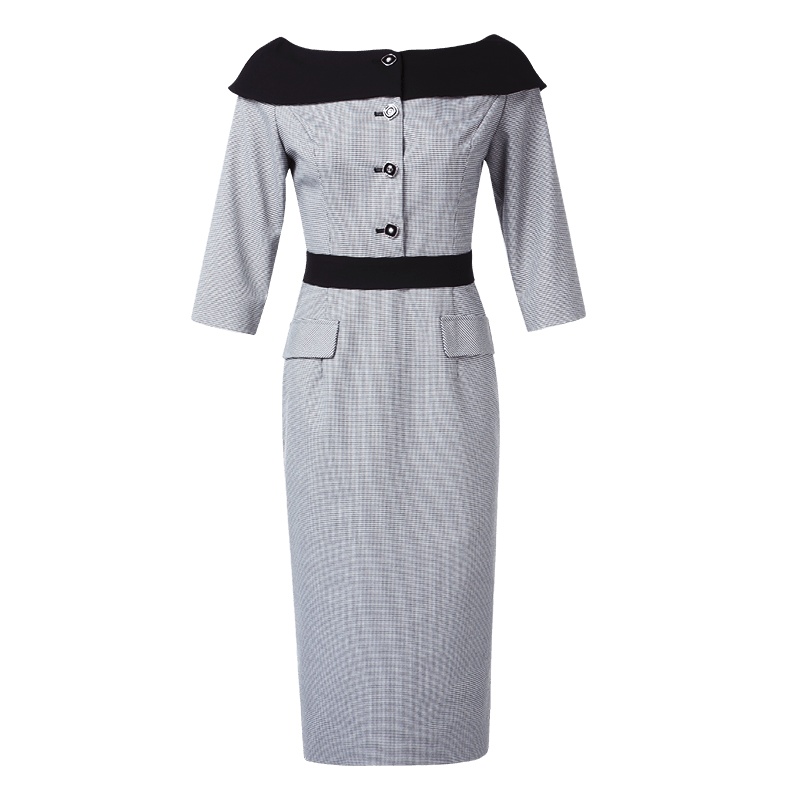 晚白2021春季新品时尚一字领修身显瘦高腰包臀裙职业通勤连衣裙女