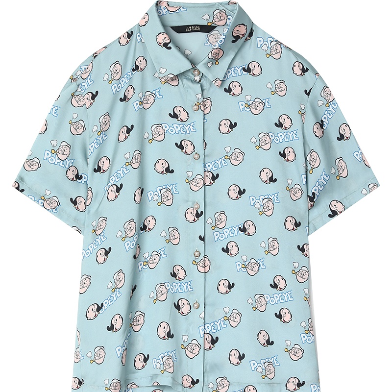 【大力水手联名】妖精的口袋印花短袖衬衫2020夏季新款女雪纺上衣