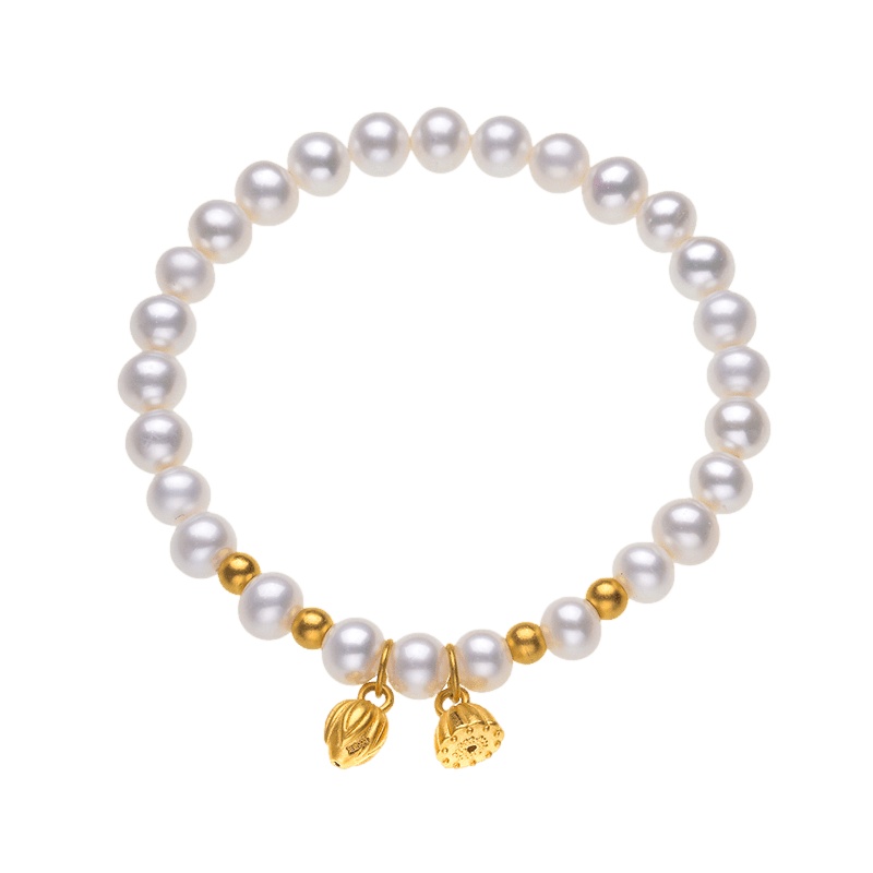 [梵心阁]18K金天然淡水珍珠手链 足金莲蓬金珠女 近圆强光气质手串 送女友