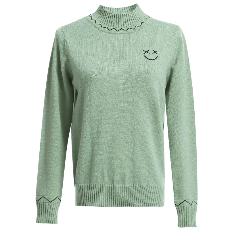 欧昵雪秋冬季罗纹半高领笑脸宽松针织衫女套头长袖毛衣女
