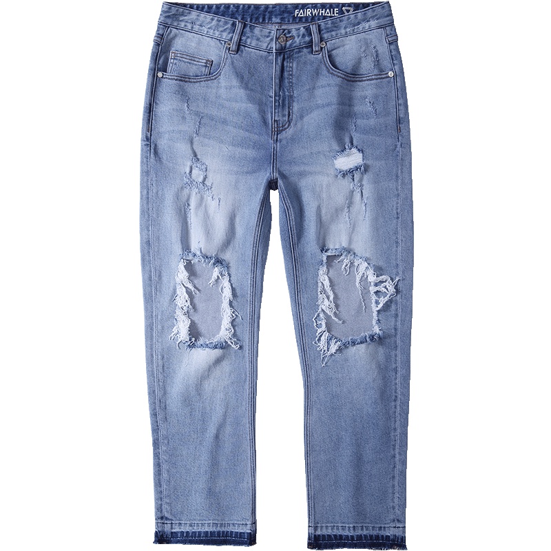 马克华菲男装春装ins破洞磨白帅气时尚小脚蓝色牛仔裤男潮牌_1