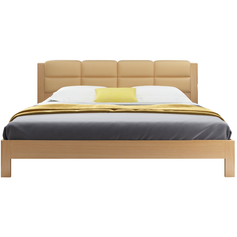 A家家具 床 简约现代 双人床 实木床 木质床原木色 1.5米1.8米 软皮床卧室套装家 Y3A0107
