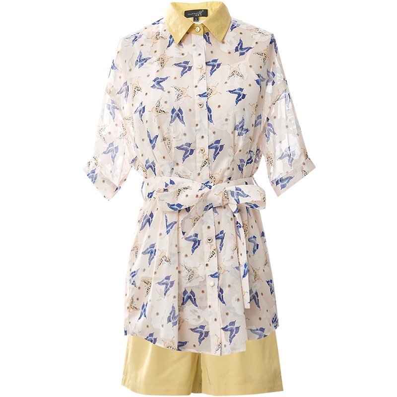 欧昵雪夏季收腰蝴蝶雪纺印花衬衫女背心高腰短裤子三件套