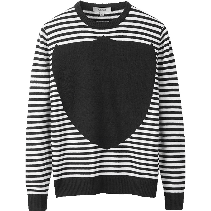 马克华菲男装春季新款黑白条纹撞色圆领男式针织衫