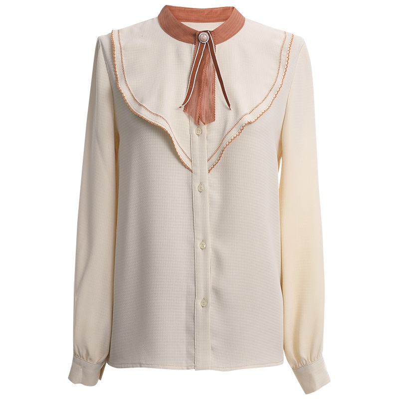 OUNIXUE欧昵雪 | [小众气质衬衣]春秋轻熟风直筒上衣荷叶边拼接长袖衬衫女士