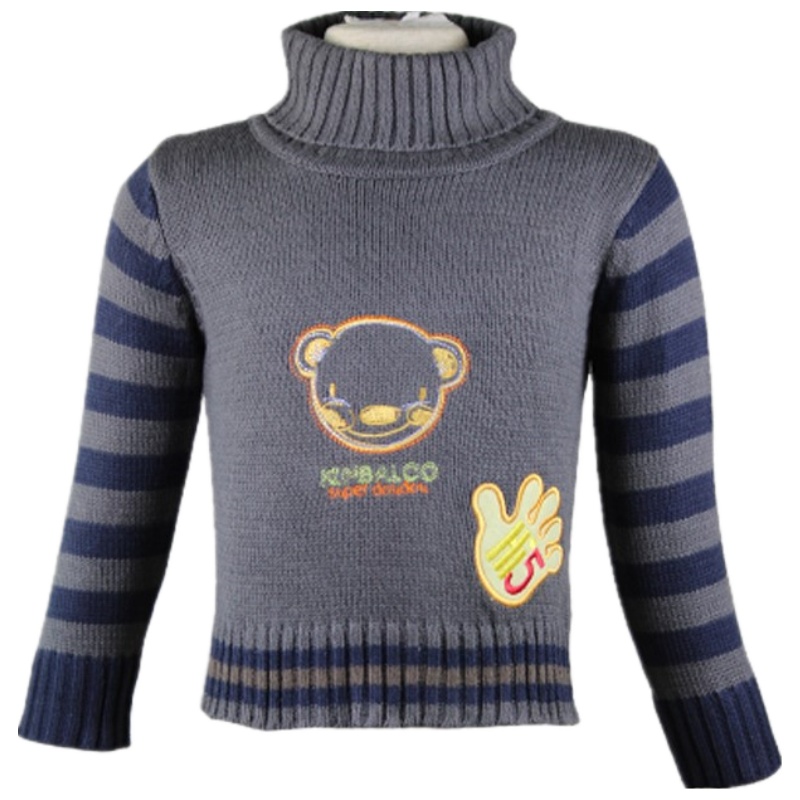 AITYAKU日本婴童服装幼儿宝宝间条线衣撞色罗纹领袖口毛衣34my男女童针织羊毛衫小中大童卡通章仔绣花上衣