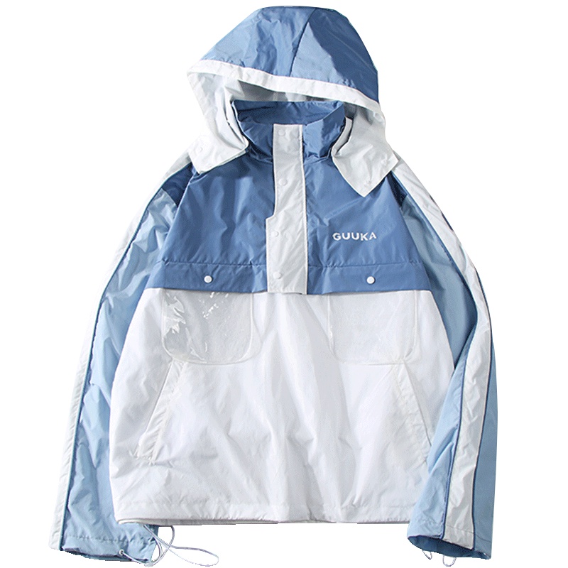 Guuka潮牌拼接套头风衣男薄款 青少年港风嘻哈运动防风衣外套宽松