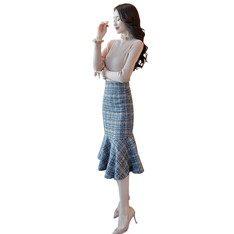 丝柏舍2019秋装时尚长袖毛衫搭高腰半身鱼尾裙套装S93R4017N