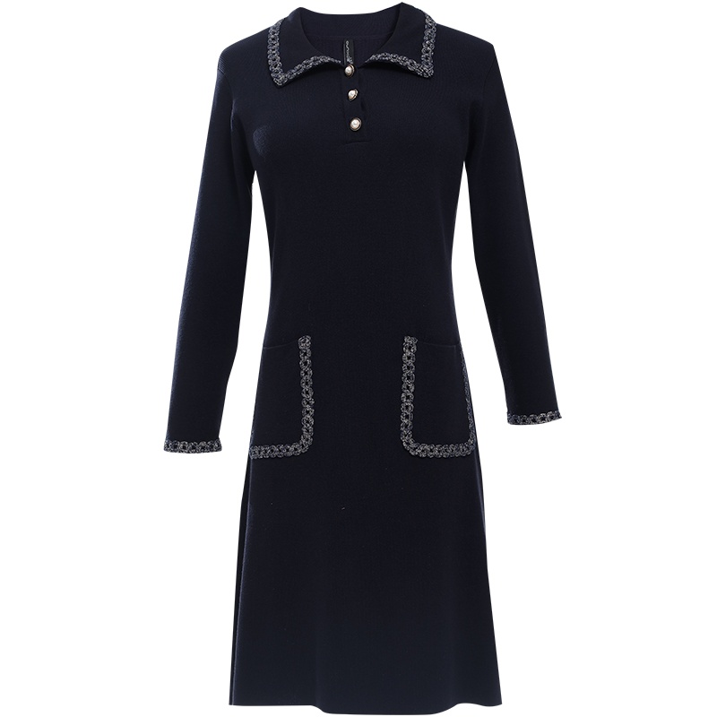 欧昵雪气质翻领七分袖针织连衣裙女收腰显瘦毛衣裙