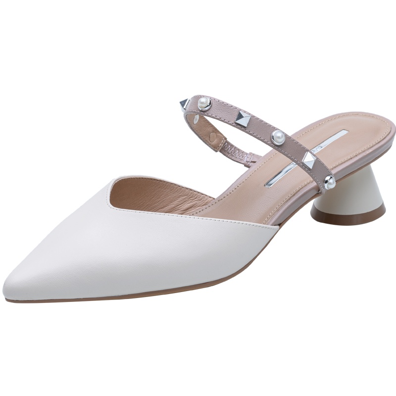 百田森2021春夏新款羊皮包头中跟凉鞋女铆钉尖头包头穆勒鞋女