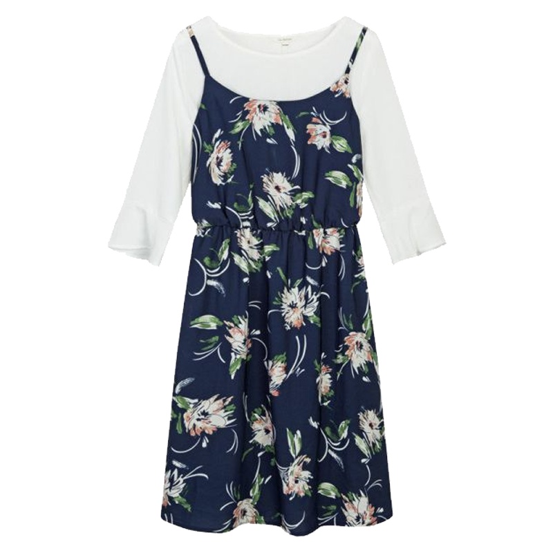 拉贝缇冬季连衣裙新款简约韩版宽松圆领套头长袖假两件女60006156