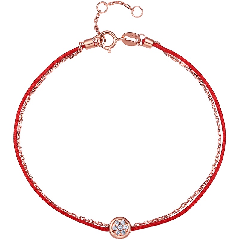 周大生18K金手链正品玫瑰金红绳钻石手链女可调节彩金链子送女友