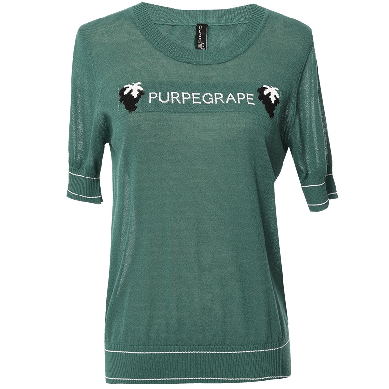 欧昵雪气质圆领字母印花宽松针织衫女短袖显瘦上衣