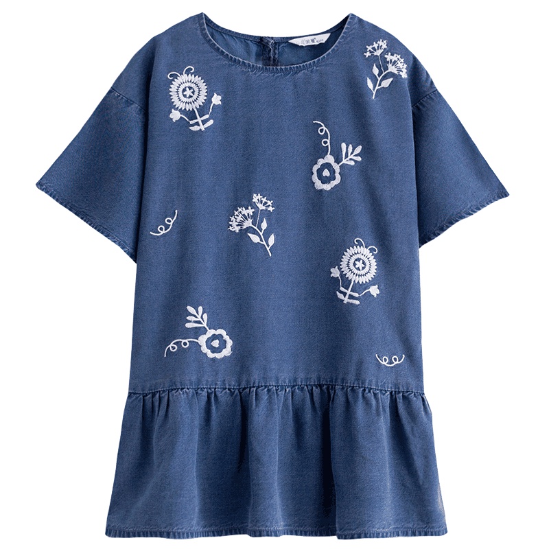 茵曼童装夏母女装喇叭袖牛仔蓝连衣裙刺绣圆领裙子