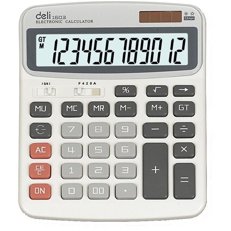 得力(deli)1603白色计算器 12位大显示 太阳能双电源计算机 办公用品 财务用品 计算器