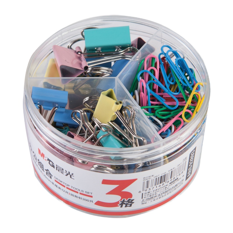 晨光(M&G)文具3格办公用品组合套装(19mm长尾夹24枚+25mm长尾夹12枚+回形针200枚)/盒ABS92893