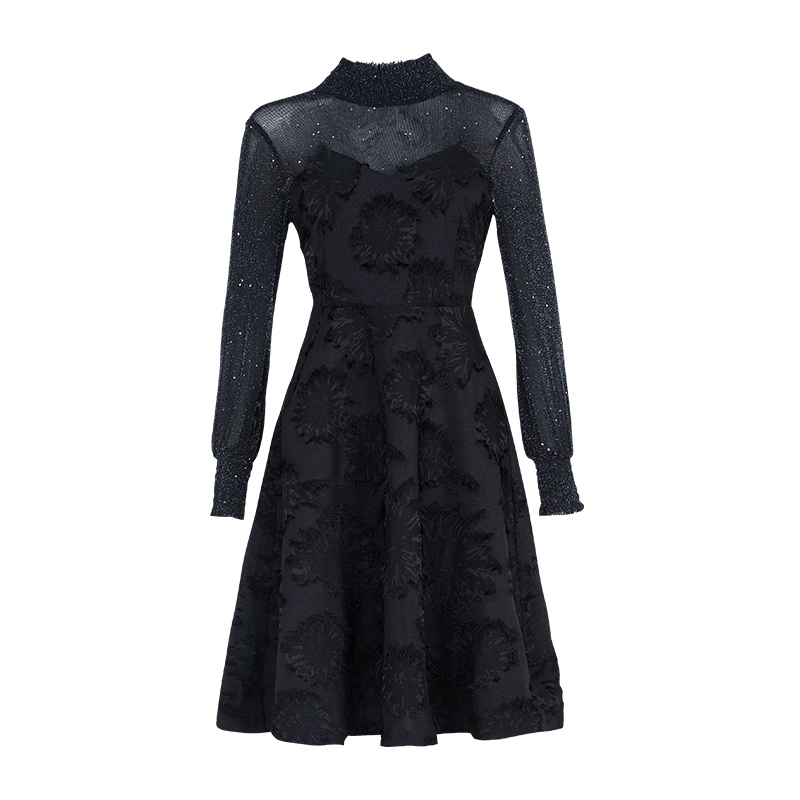 晚白 2020春季新品通勤立领收腰显瘦A摆单件中长款长袖连衣裙女