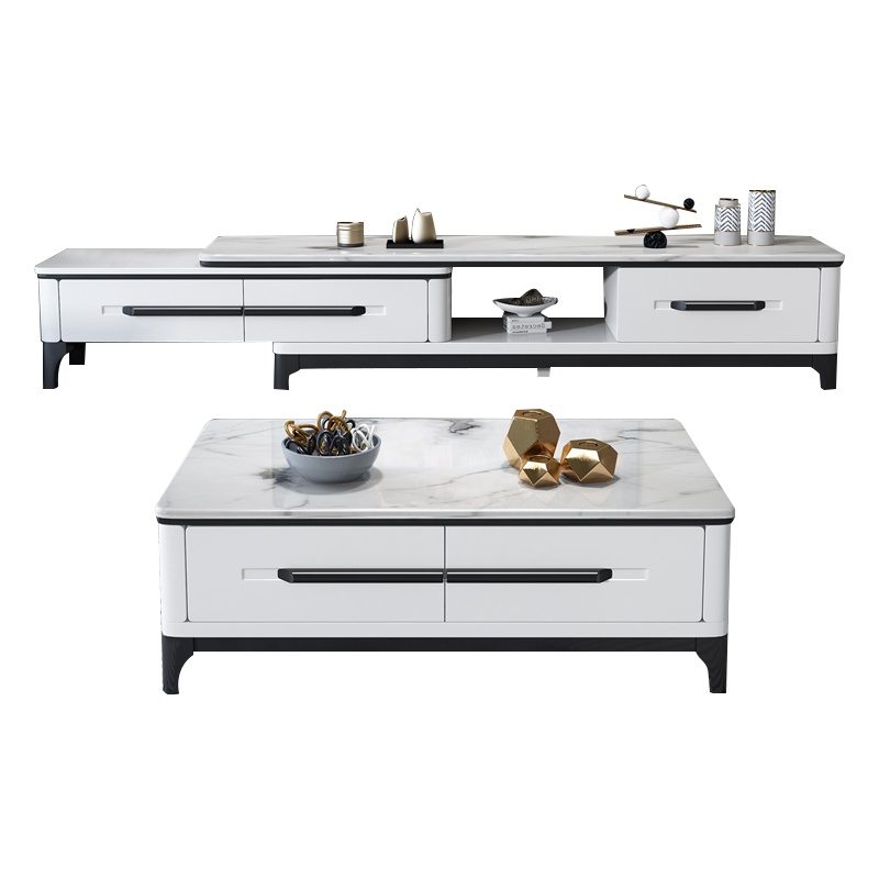 宏企(HONGQI) 大理石电视柜茶几组合 简约现代客厅实木可伸缩电视柜 小户型木质储物地柜茶几套装