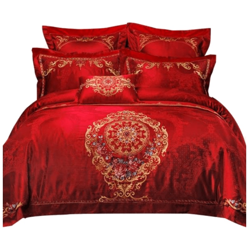 维科家纺 欧式婚庆提花十件套大红刺绣套件婚庆床品