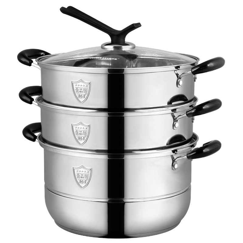 金钥匙(GOLDEN KEY)蒸锅 26cm三层不锈钢304复底蒸笼锅可立锅盖GK-K26J4F