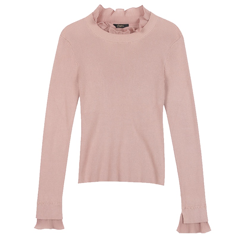 N【专柜同款】长袖针织衫女2019秋冬季新款修身显瘦韩版套头荷叶袖打底纯色上衣30094291