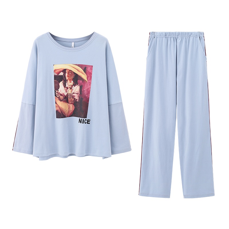 安之伴针织优质韩尔棉素色插印花长袖女士家居服套装