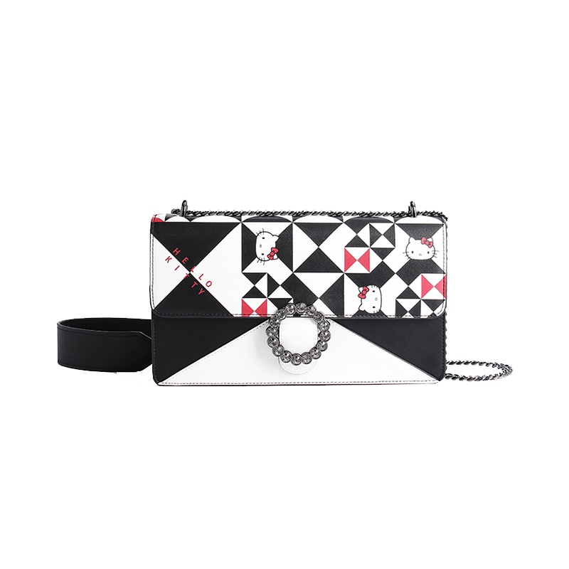 HELLO KITTY 猫头印花几何hellokitty系列翻盖链条单肩斜挎包 黑色