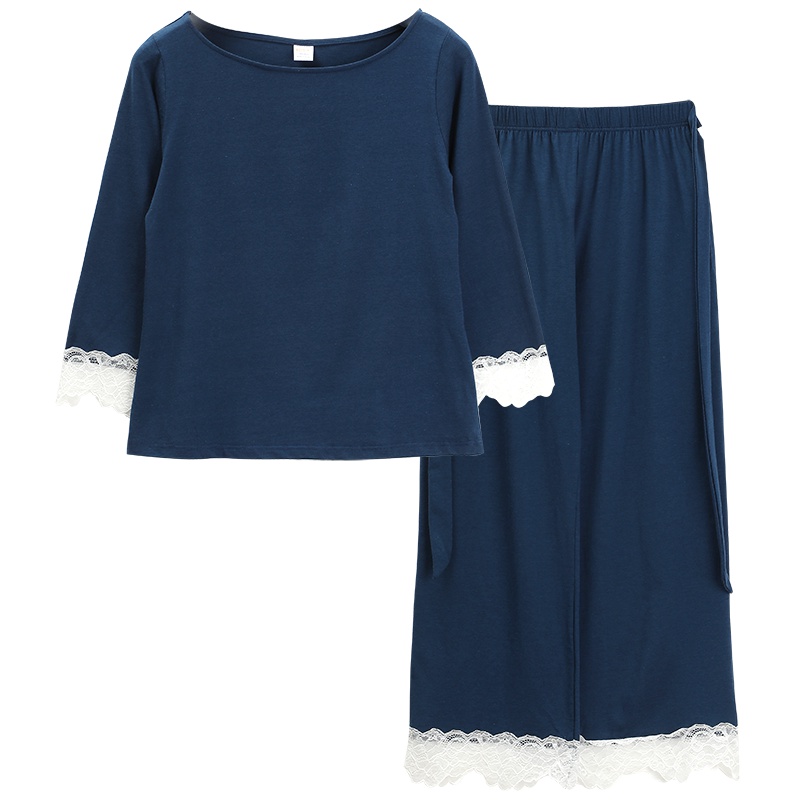 红豆居家Hodohome睡衣莫代尔女士纯色宽松居家服春夏长袖蕾丝家居服套装