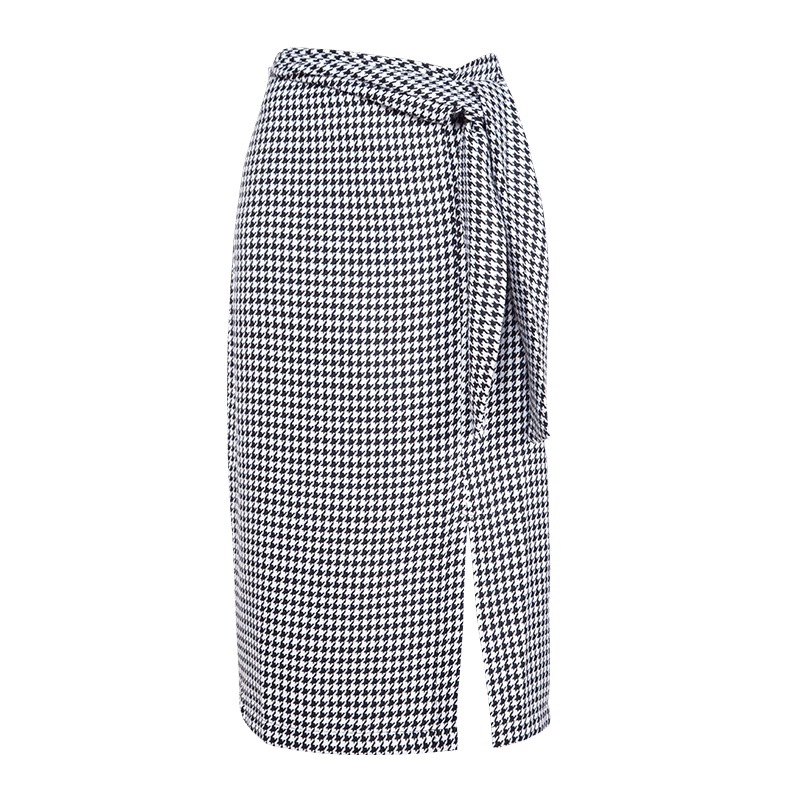 晚白女裙装2019春季新品职业通勤复古风格纹系带收腰包臀裙半身裙