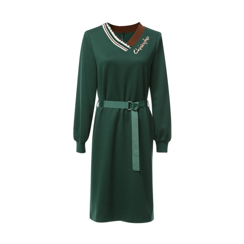 欧昵雪秋装罗纹拼接木耳边V领套头字母绣花卫衣连衣裙女