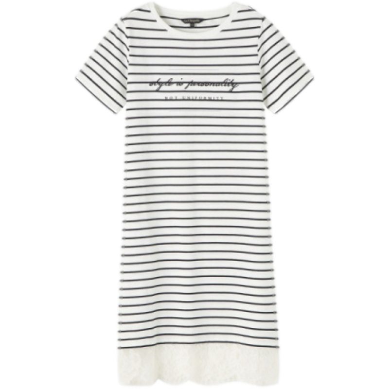 拉夏贝尔新款夏装条纹宽松T恤裙子印花蕾丝拼接时尚气质显瘦连衣裙女