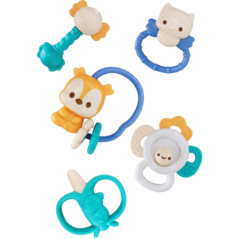 澳贝婴儿手摇铃可安全水煮磨牙棒0-6个月宝宝牙胶放心煮分铃摇铃5只装461516A