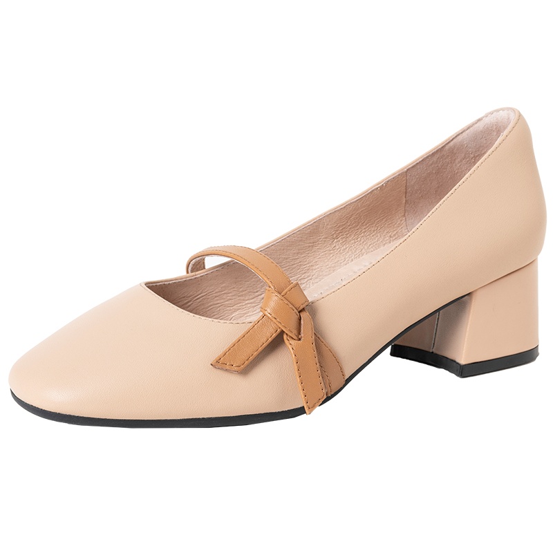 百田森玛丽珍女新款春季方头真皮粗跟浅口中跟单鞋复古百搭