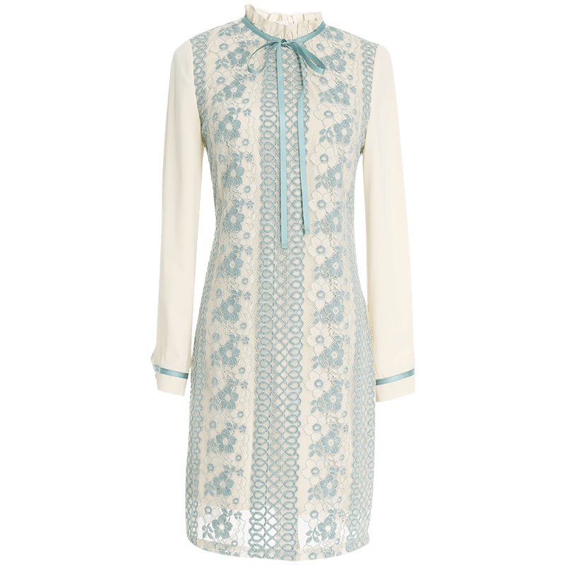 欧昵雪木耳边立领显瘦长袖蕾丝拼接连衣裙女短裙