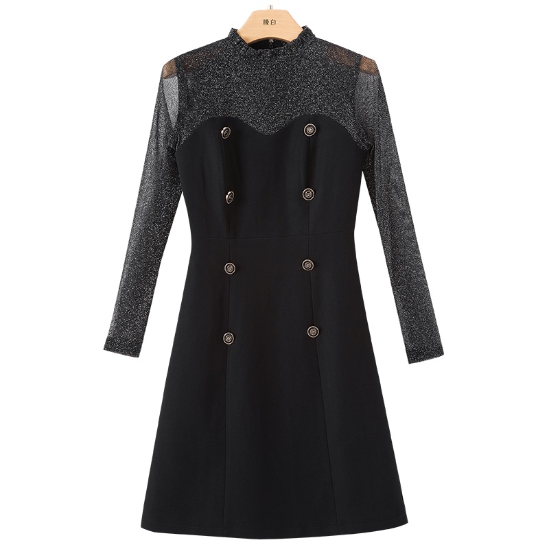 晚白2021春季新品时尚通勤简约修身显瘦假两件常规A字连衣裙女