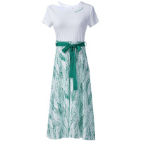 欧昵雪夏季小心机圆领短袖高腰蝴蝶结系带假两件连衣裙女中裙