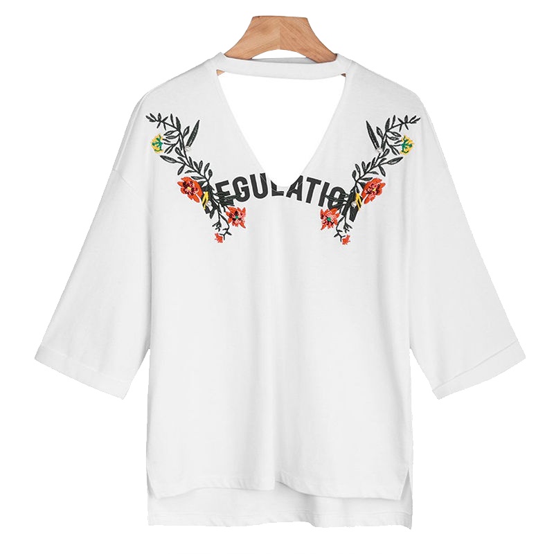 上新拉夏贝尔新款韩版宽松显瘦刺绣v领挂脖T恤女20011757