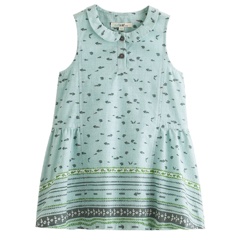 茵曼童装儿童裙子夏季中大女童翻领无袖连衣裙