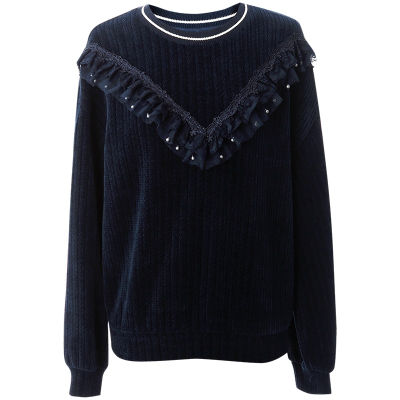 OUNIXUE欧昵雪 | [宽松雪尔绒上衣]秋冬季气质罗纹圆领拼接蕾丝网纱卫衣女