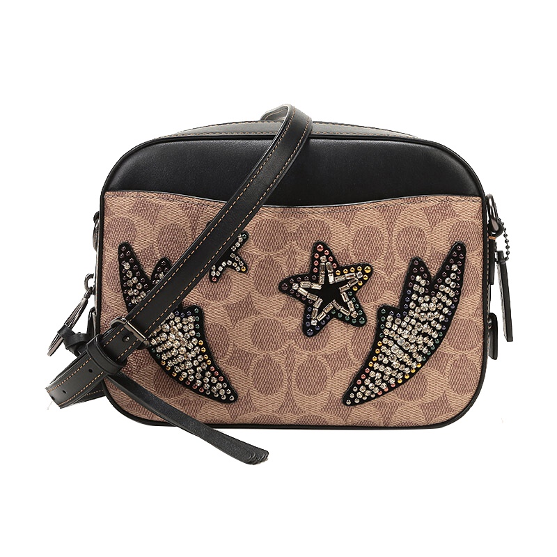 COACH 蔻驰 奢侈品 女生女士专柜款卡其黑色人造革配皮单肩斜挎包