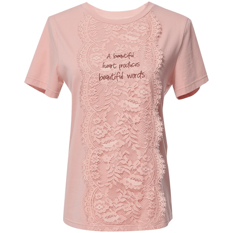 欧昵雪夏季圆领拼接蕾丝字母绣花T恤女套头短袖显瘦上衣