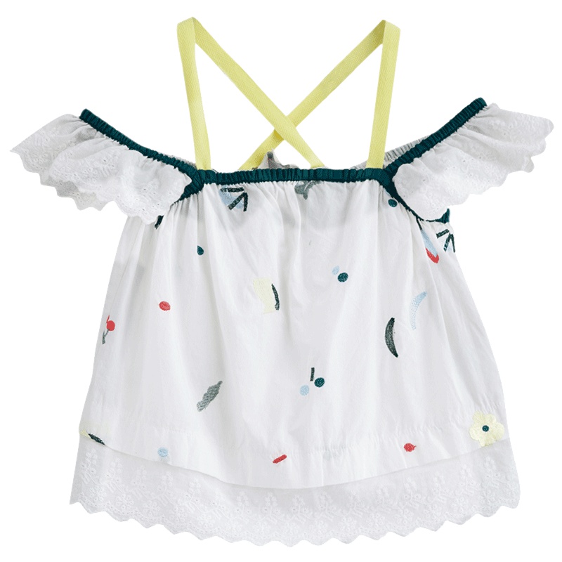 茵曼童装女童夏装吊带白色碎花淑女T恤撞色甜美上衣