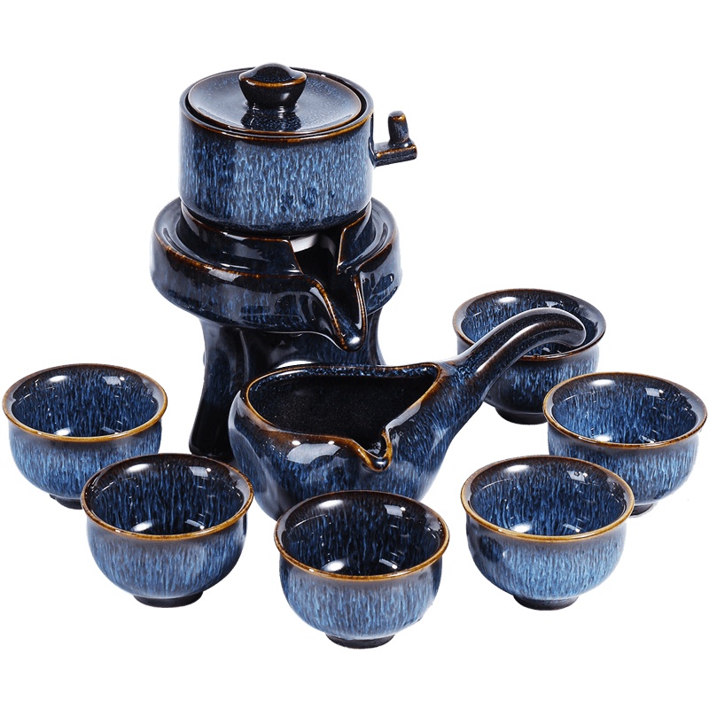 懒人功夫茶具套装家用陶瓷天目窑变石磨泡茶器客厅办公室会客整套 井中月自动茶具9头(窑变蓝)