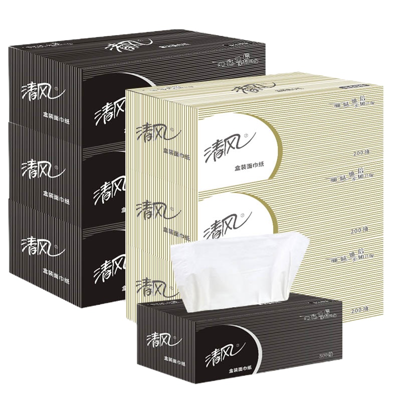 清风 B338A2盒装抽纸200抽x36盒商务原生木浆黑白硬盒(七包服务)